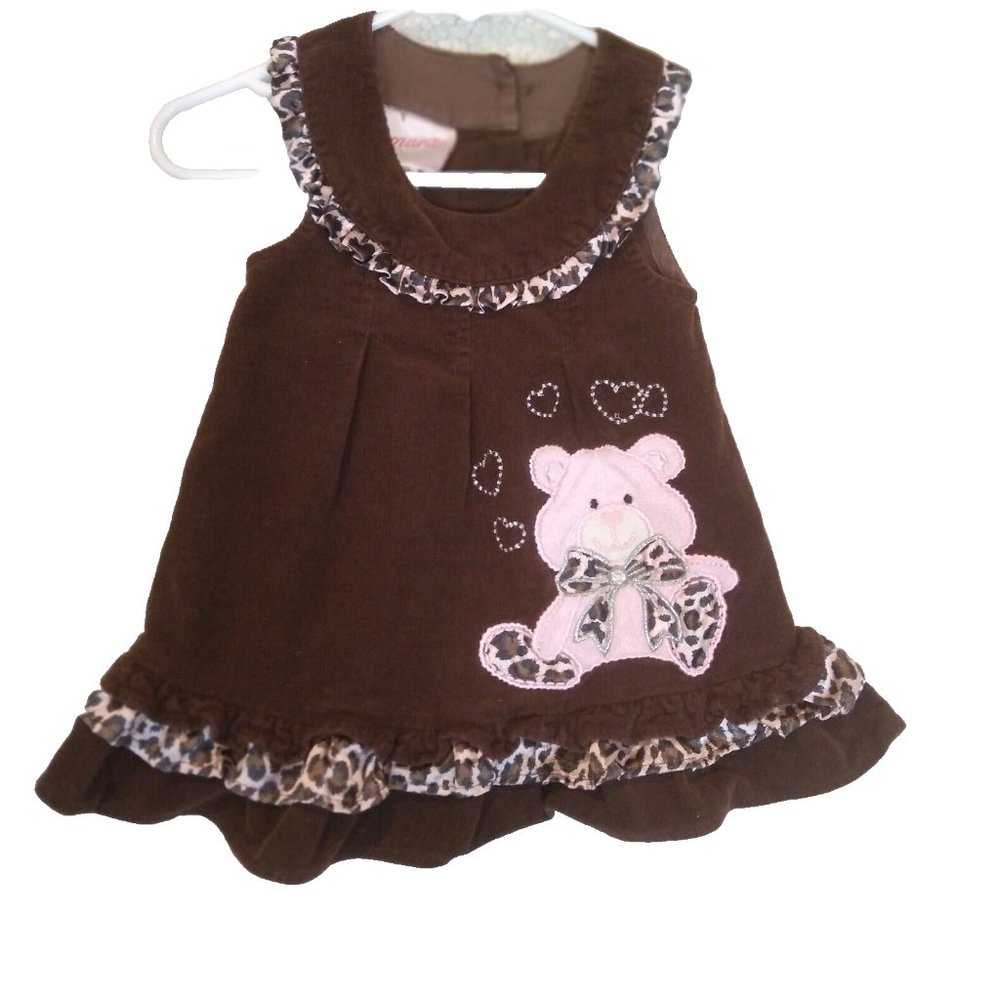 Samara Corduroy Dress Girls 18 Months Brown with Pink Teddy Bear Embroidery